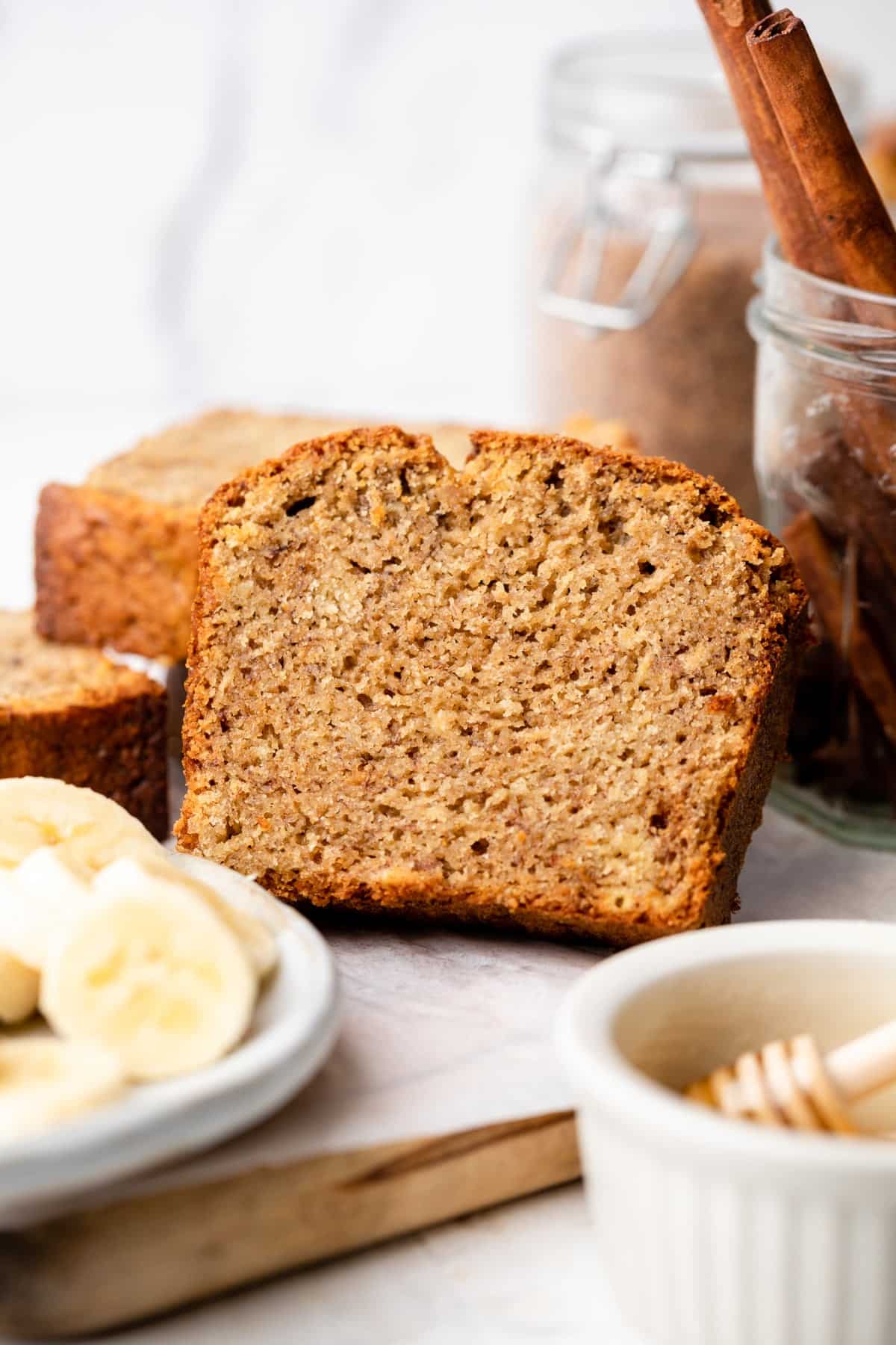 A slice of soft and moist banana bread.