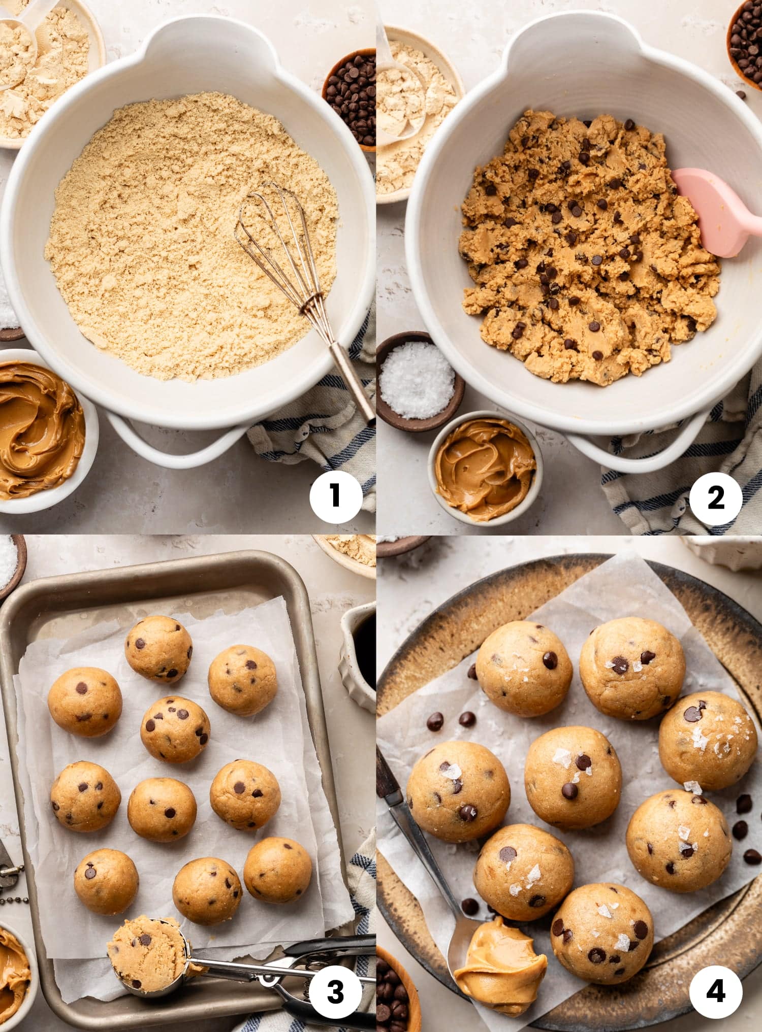 Step by step for how to make the recipe, including whisking the flour, adding the wet ingredients to make the dough, scooping out and rolling them into balls, and serving.