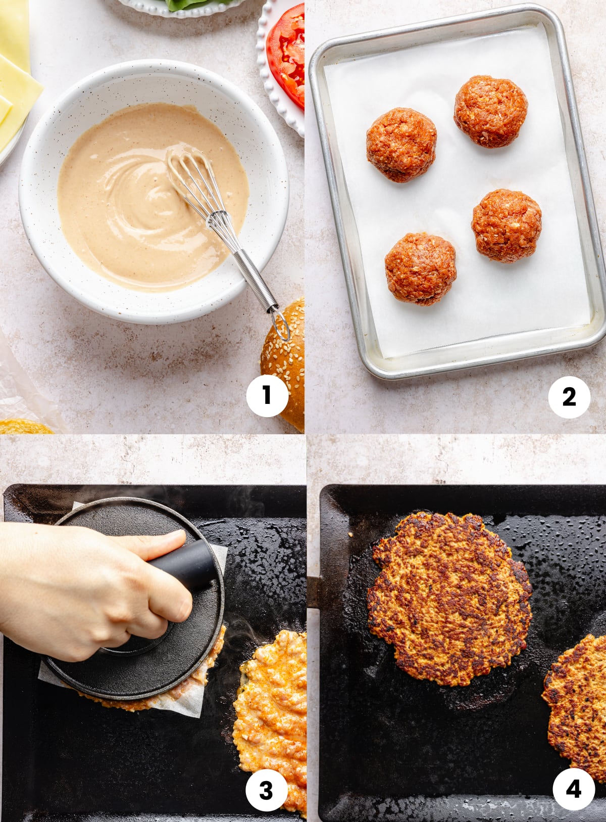 Steps for how to make the recipe, including making the burger sauce, making ground turkey balls, smashing it down with the burger press, and flipping after they turn golden.