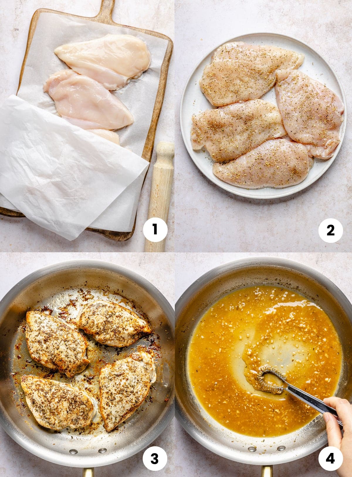 Steps for how to make the recipe, including pounding the chicken, seasoning the chicken, cooking the chicken, and making the garlic butter sauce.