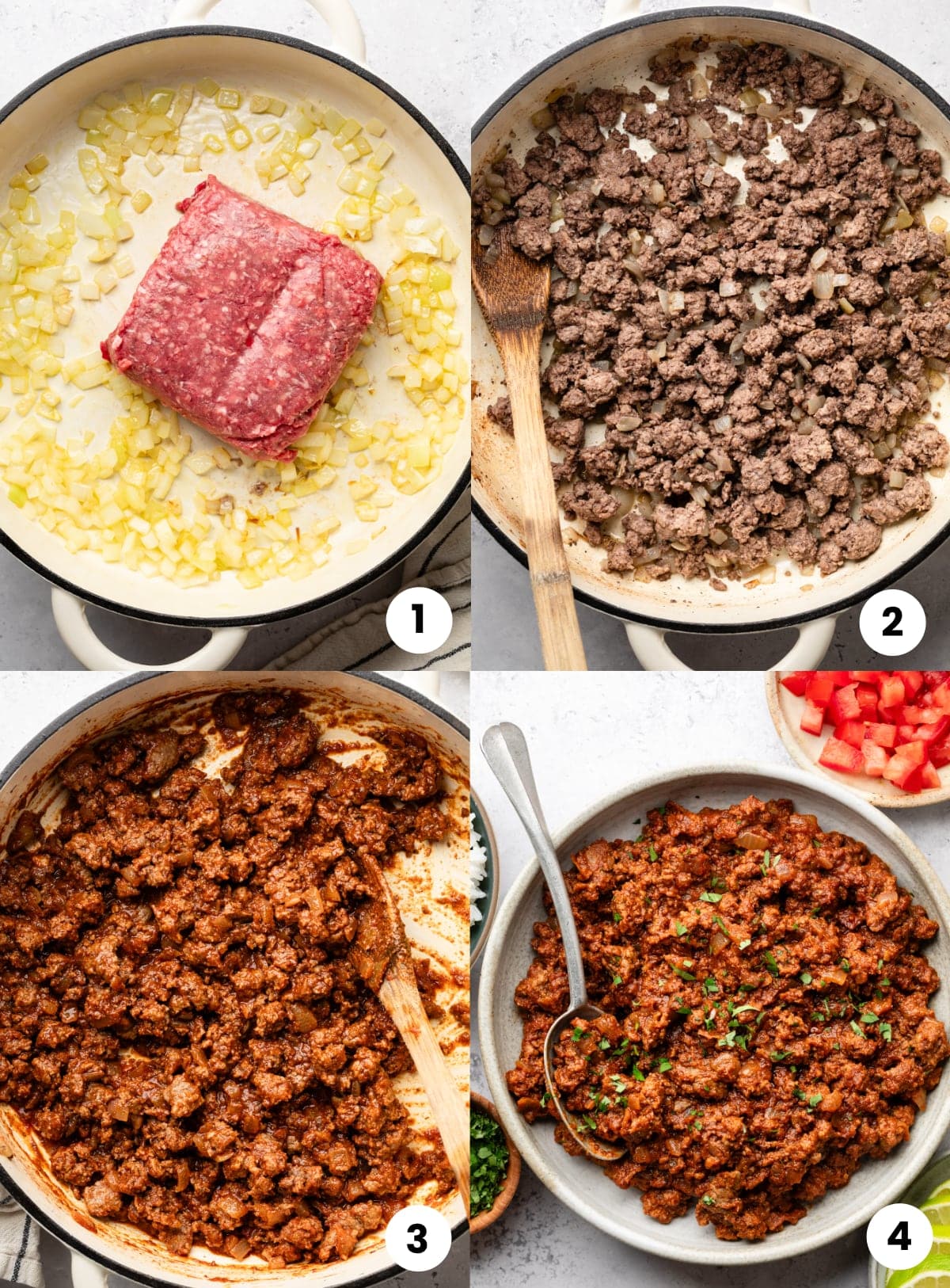 Steps for how to make the recipe, including cooking the onions, browning the ground beef, adding the sauce and spices, and placing it in a dish for serving.