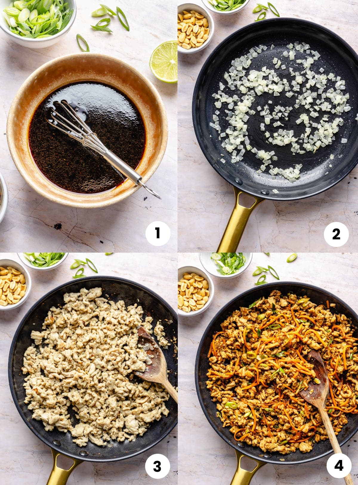 Step by step photos for how to make the recipe, including making the sauce, sautéing the onions, cooking the ground chicken, and adding the sauce and vegtables.