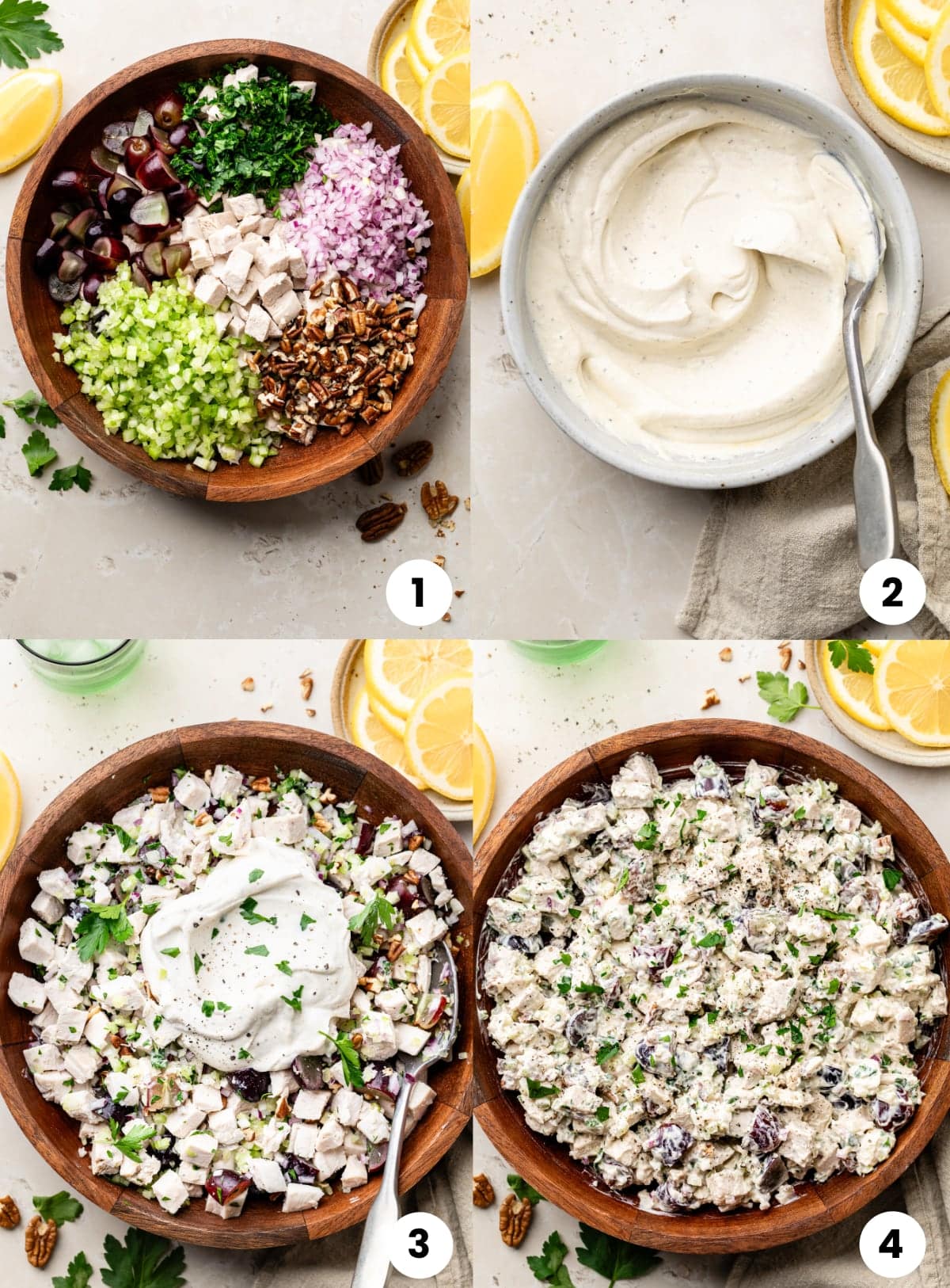 Step by step instructions for how to make the recipe, including combining the chicken, fruits, and vegetables, mixing up the Greek yogurt and spices, and folding everything together.