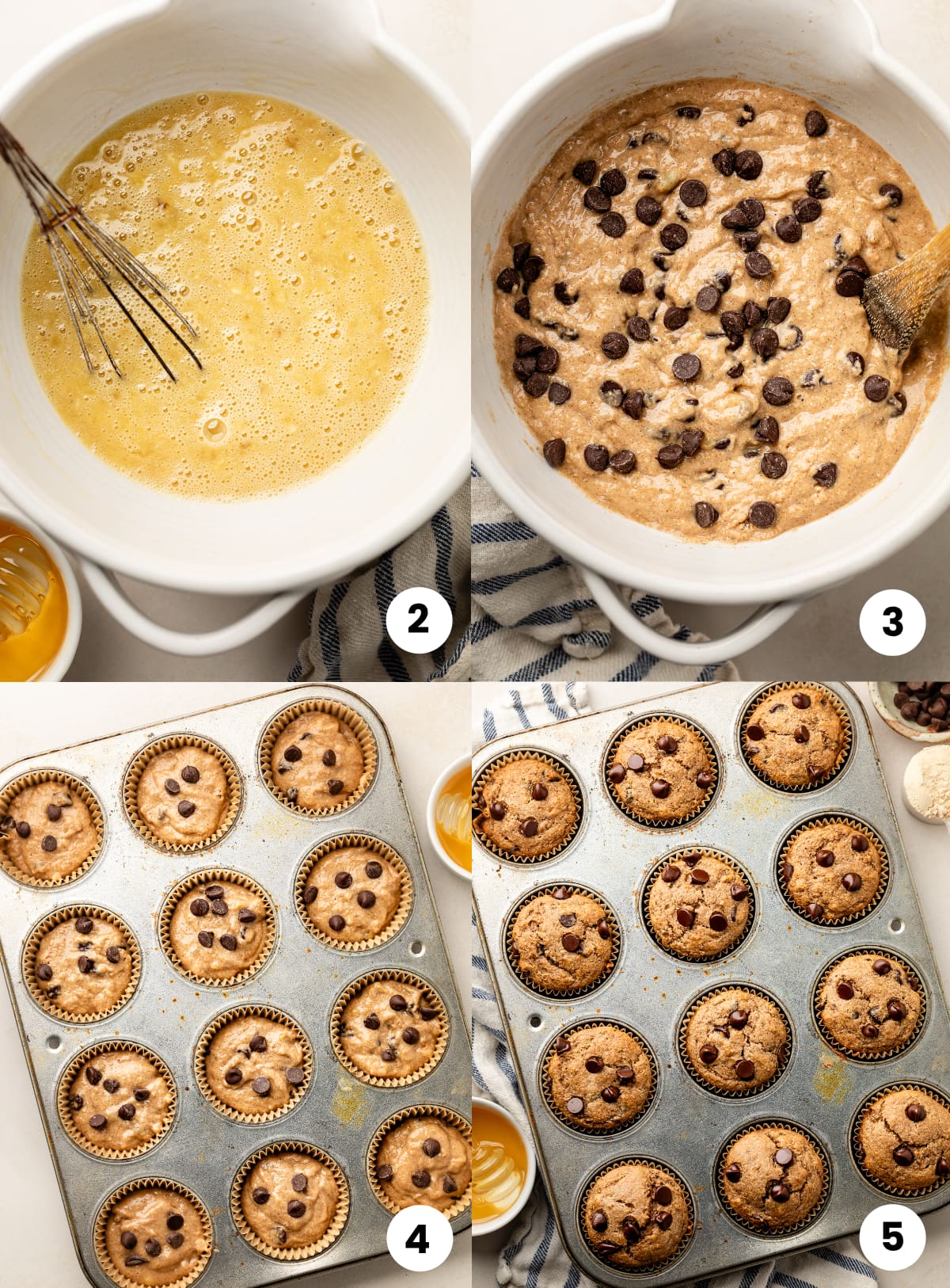 Step by step instructions for how to make the recipe, including mixing the wet ingredients, adding the dry ingredients, transferring the batter to the tins, and baking the muffins.
