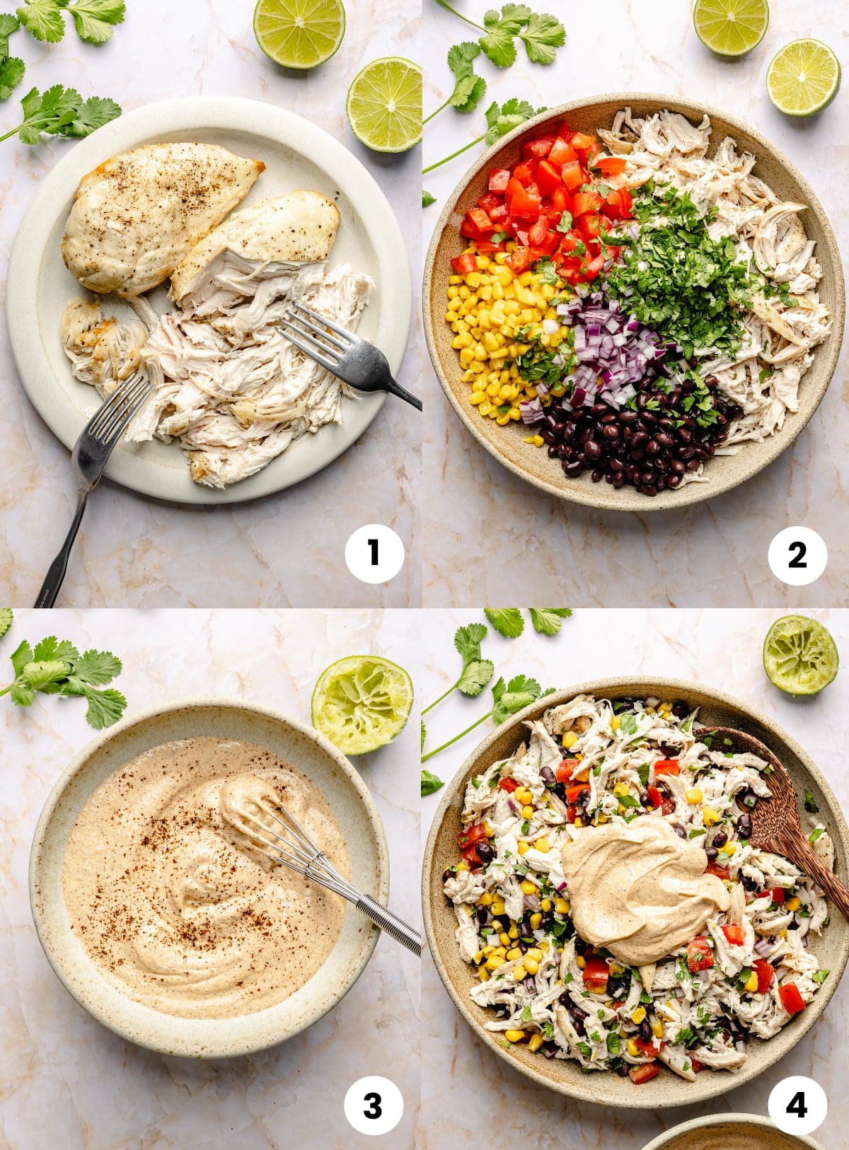 Step by step visuals for how to make the recipe, including shredding the chicken with two forks, mixing the vegetables and chicken, mixing up the dressing, and adding the dressing to the salad.