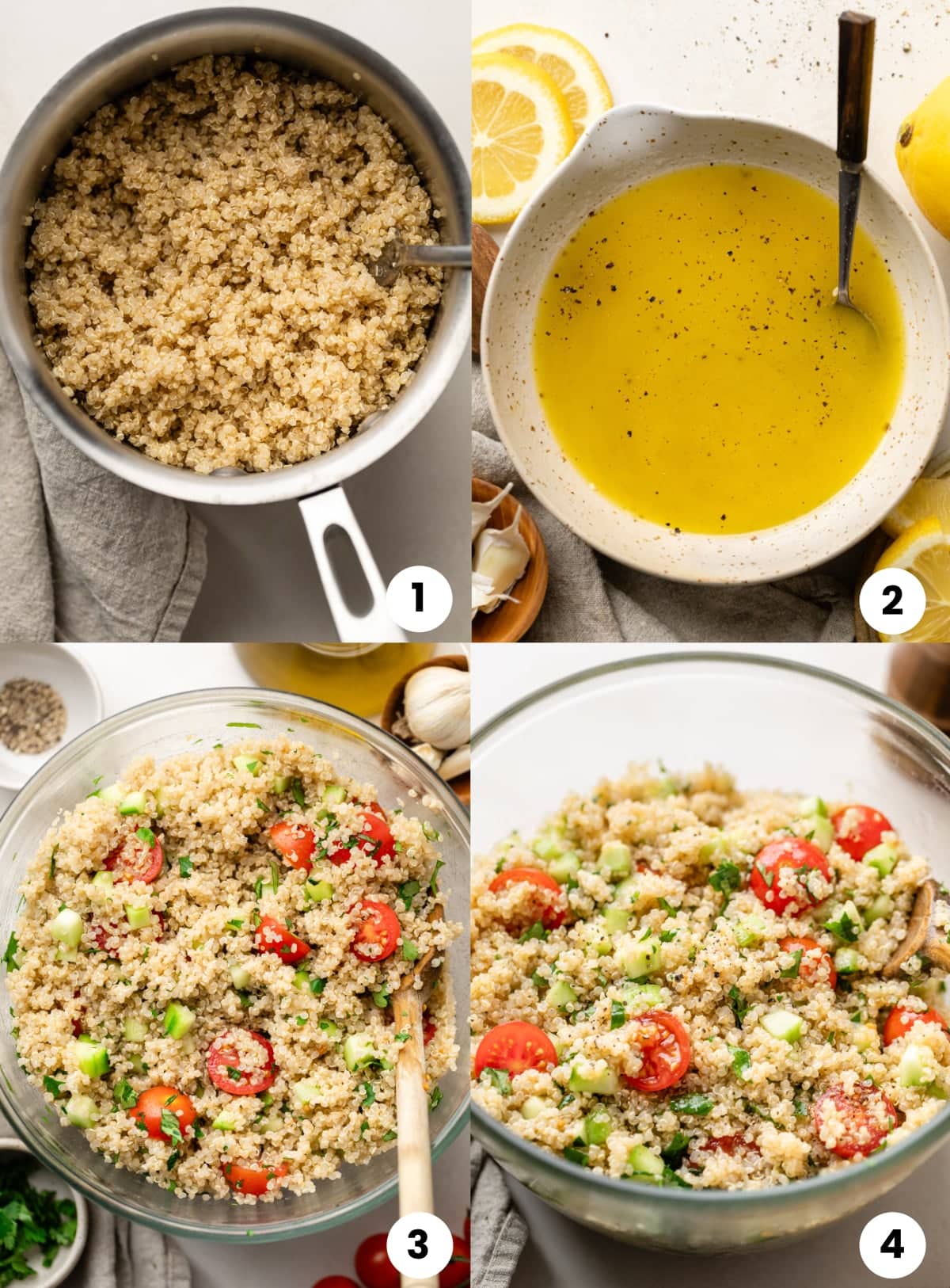 The steps for how to make the recipe, including cooking the quinoa, whisking the dressing, combining the vegetables, and tossing the salad together with the dressking.